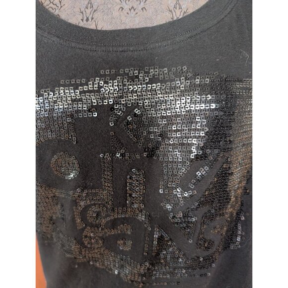 DKNY Jeans Womens Black Short Sleeve Sequin Logo T-Shirt Size Large Cotton Blend - Picture 2 of 6